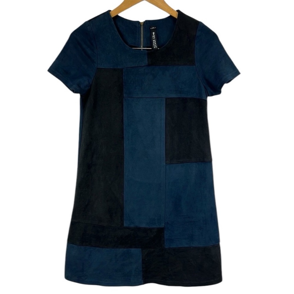 Design Lab Black & Blue Faux Suede Colorblock Shift Dress Size Small